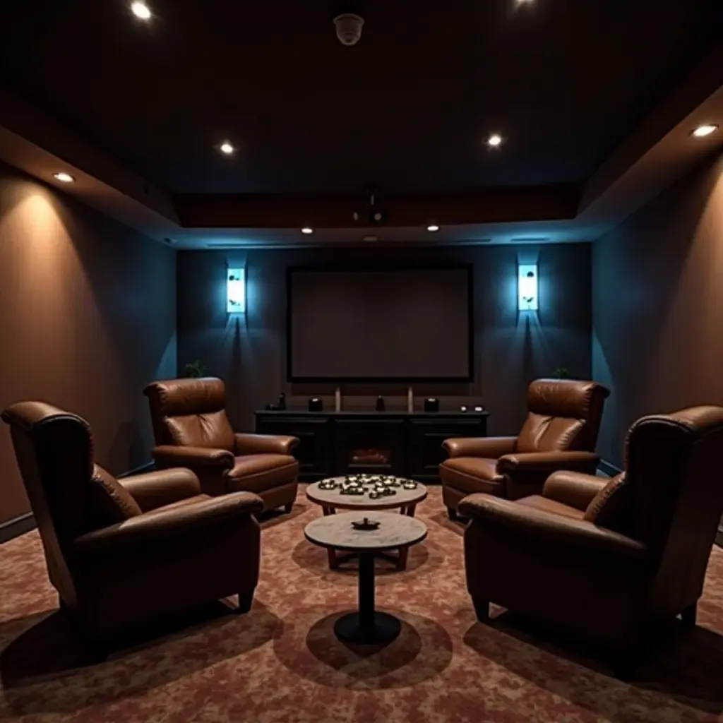 a photo of a basement gaming area with a large TV and comfortable chairs