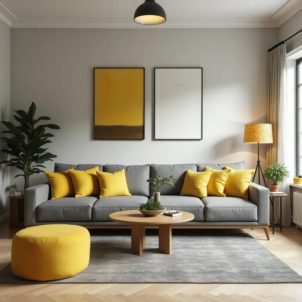 a photo of a chic living room with gray and sunny yellow highlights