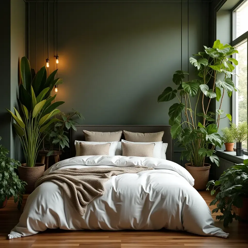 a photo of a cozy bed surrounded by leafy plants