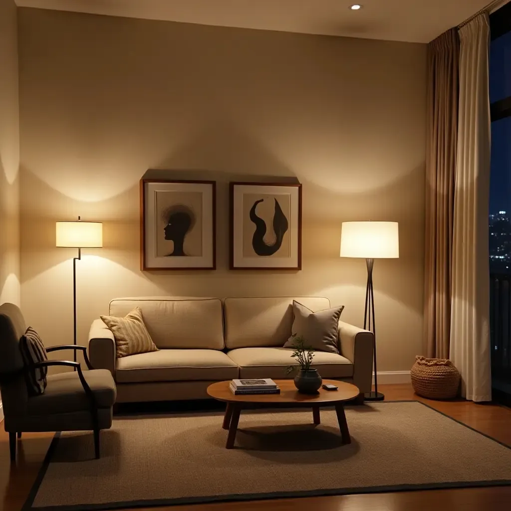 a photo of a small living room with layered lighting, including floor and table lamps