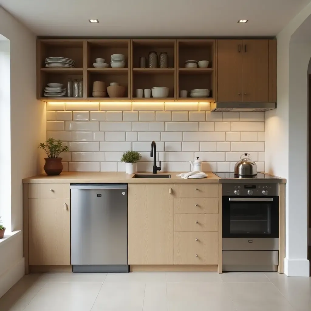 a photo of a small basement kitchen with smart storage solutions