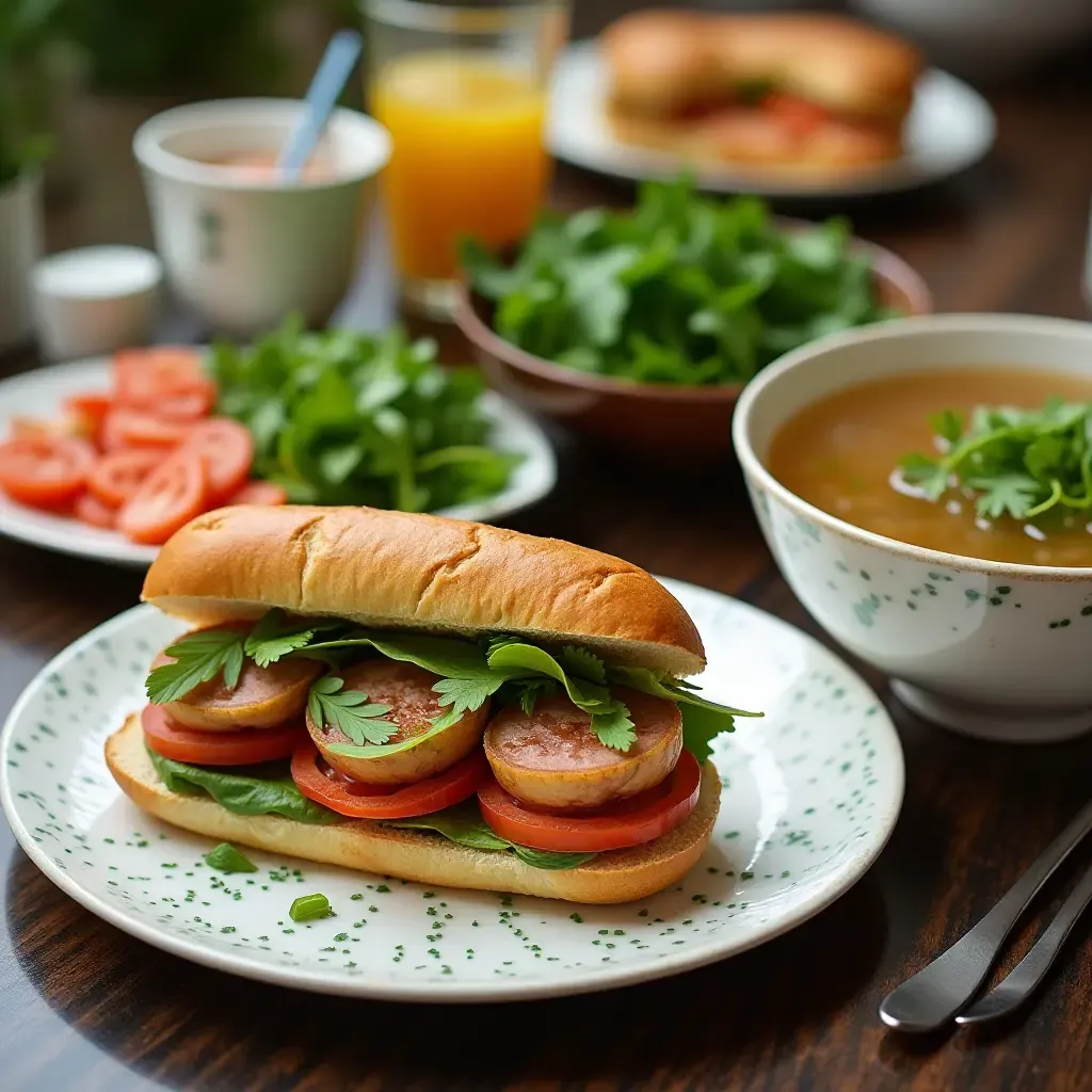 a photo of a vibrant Vietnamese breakfast spread with banh mi, pho, and fresh herbs.