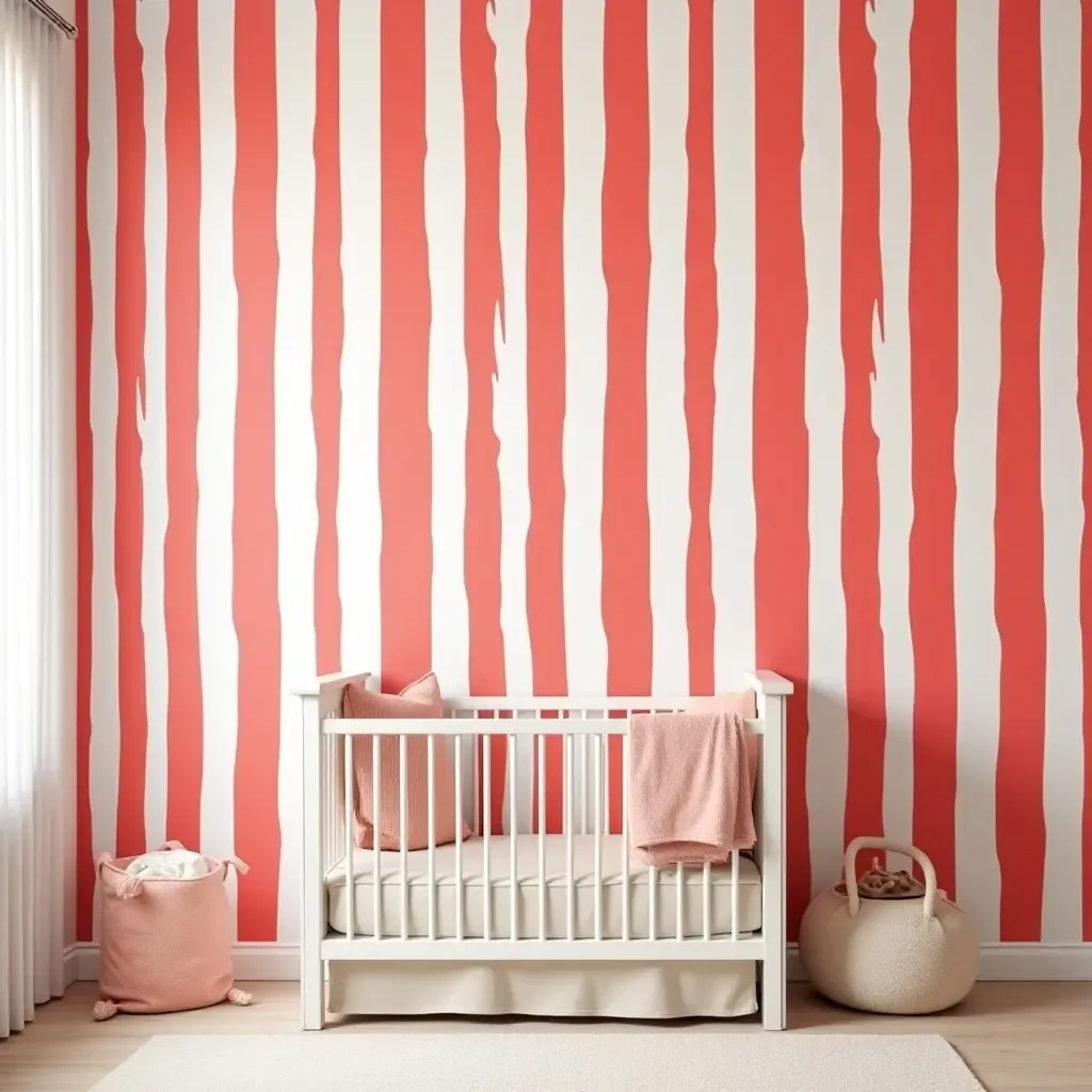 a photo of a nursery with bold red and white striped wallpaper