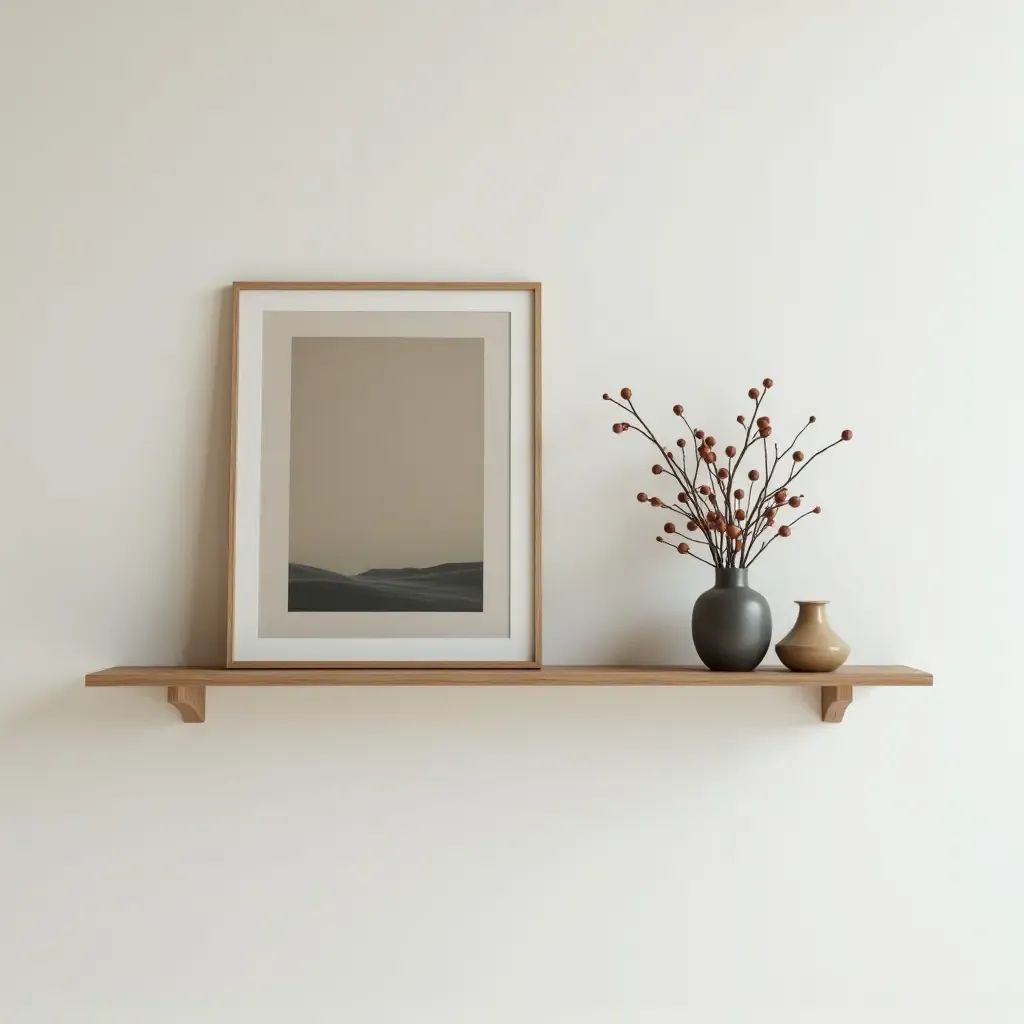 a photo of a stylish wall-mounted shelf with art pieces