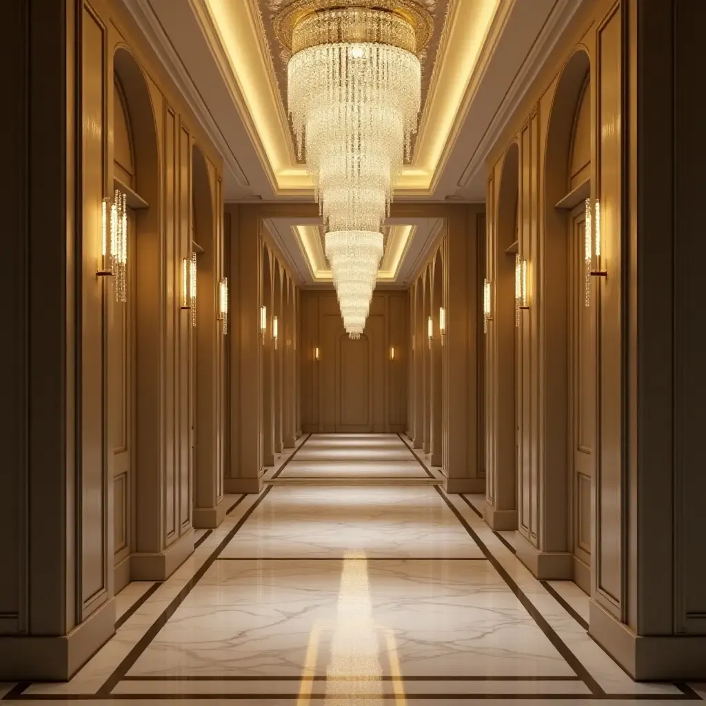 a photo of a luxurious corridor with crystal pendant chandeliers