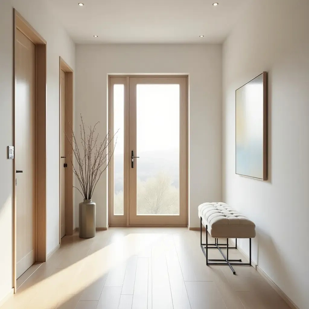 a photo of a minimalist Scandinavian entrance hall with natural light and wooden accents