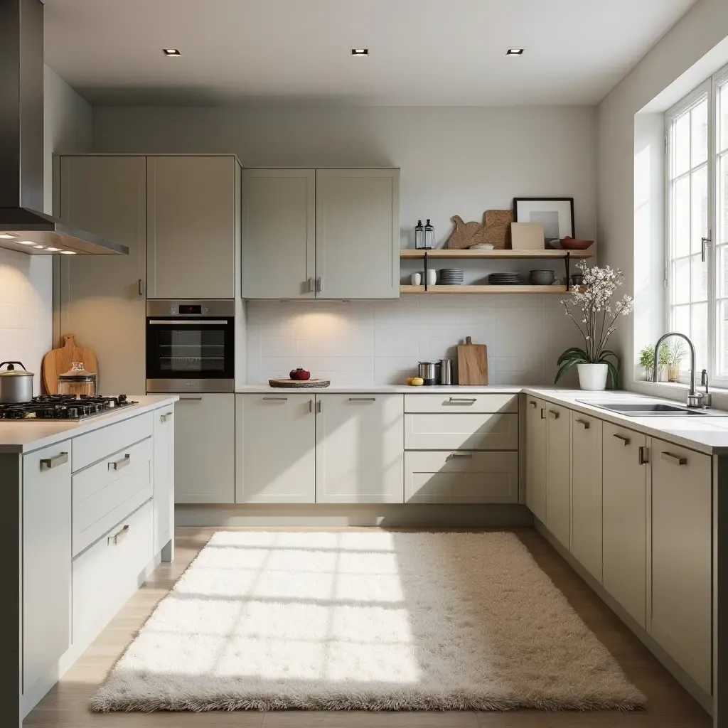 a photo of a kitchen with a luxurious shag rug