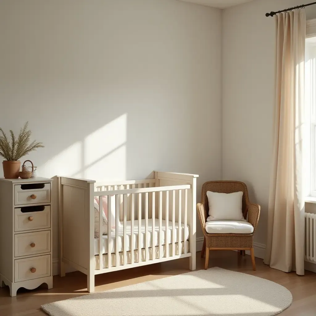 a photo of a vintage-style nursery with antique furniture and soft lighting