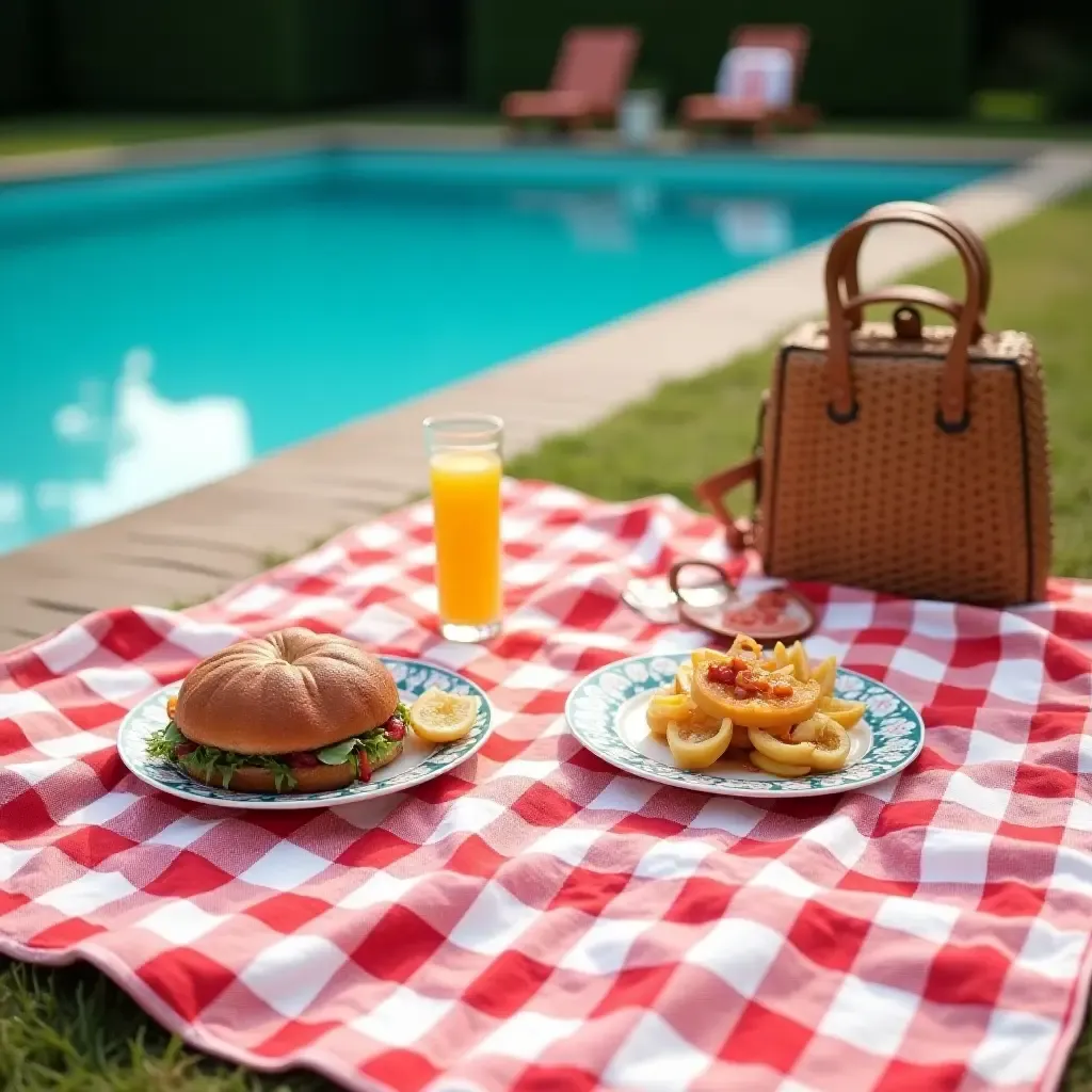 a photo of a vintage-inspired poolside picnic setup with checkered blankets