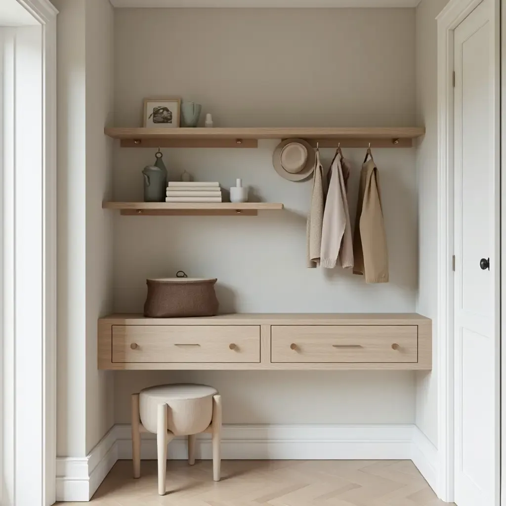 a photo of a Scandinavian-inspired corridor shelf with neutral tones