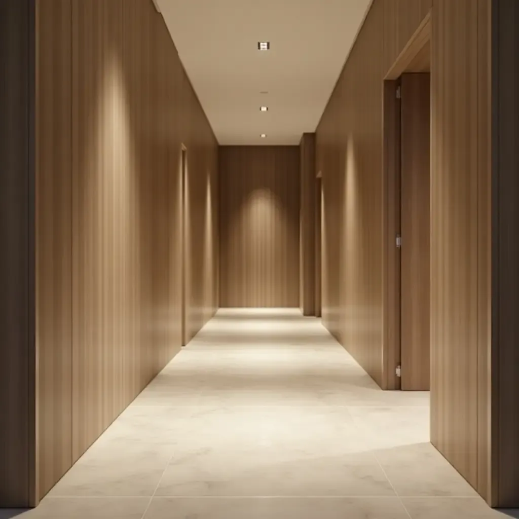 a photo of a minimalist corridor with sleek recessed lighting