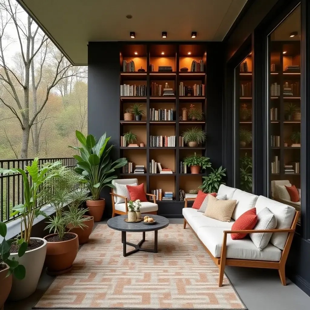 a photo of a cozy balcony with a small outdoor library and seating