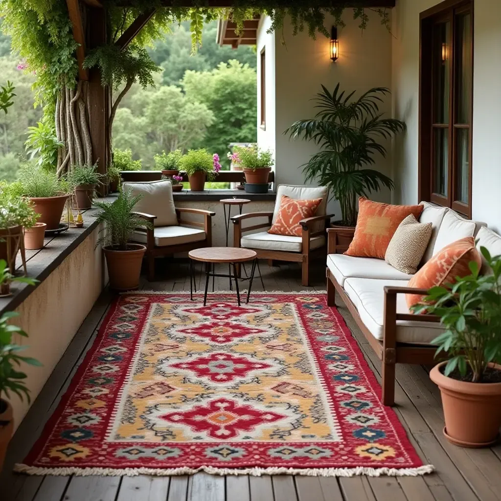 a photo of a vintage kilim rug on a rustic balcony with wooden furniture