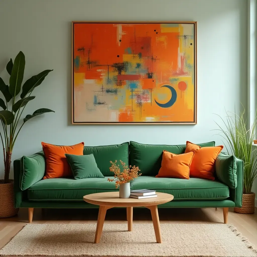 a photo of a living room with green and orange cushions and vibrant wall art