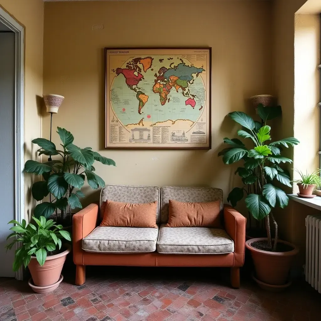 a photo of a quaint reading corner with a vintage map and Mediterranean plants