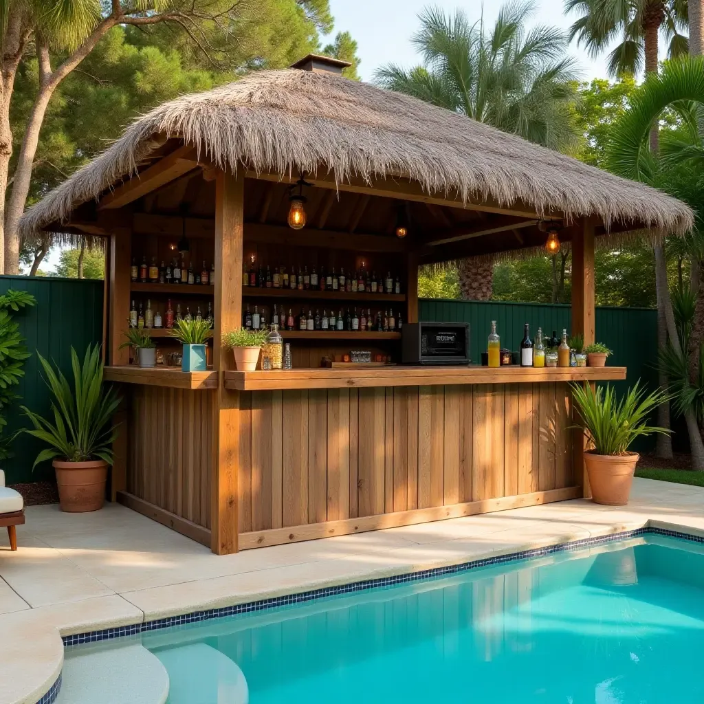 a photo of a poolside bar made from reclaimed wood and tropical drinks