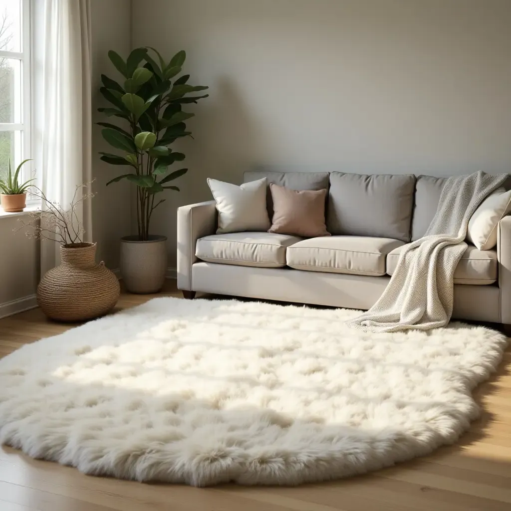 a photo of a soft area rug in a serene, nature-inspired room