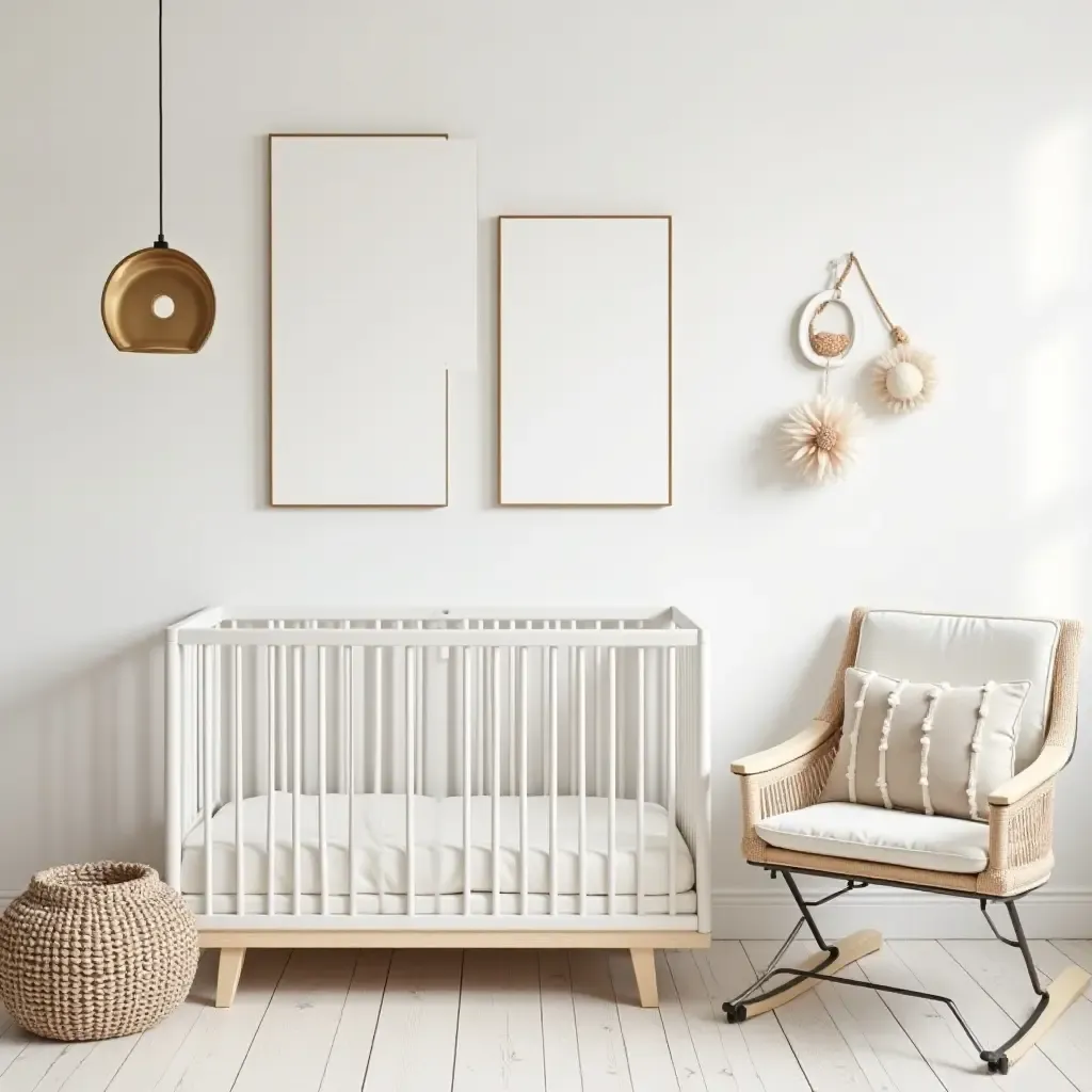 a photo of a bright nursery showcasing metal decor and soft fabric textures