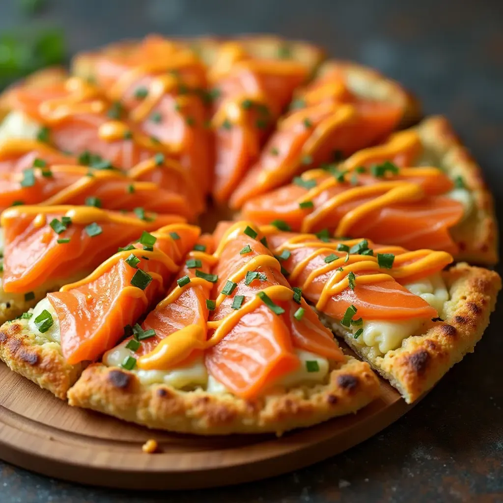 a photo of sushi pizza with a crispy rice base, topped with salmon and spicy mayo.