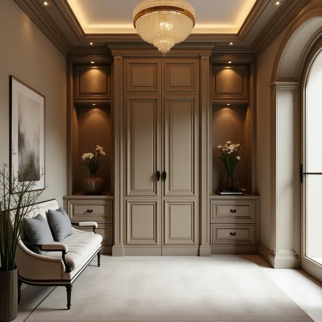 a photo of a luxurious foyer with ornate storage cabinets and decorative accents