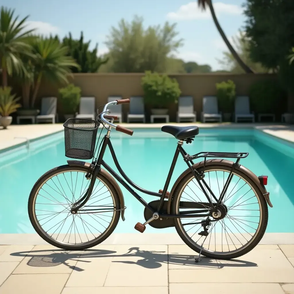 a photo of a vintage bicycle parked by a sunny swimming pool