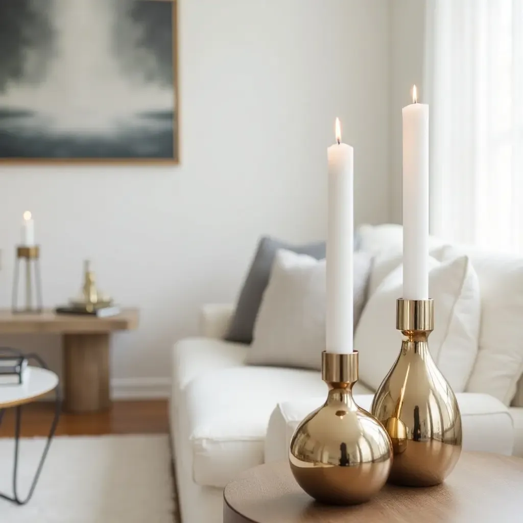 a photo of a bright living room with metallic candle holders and decor