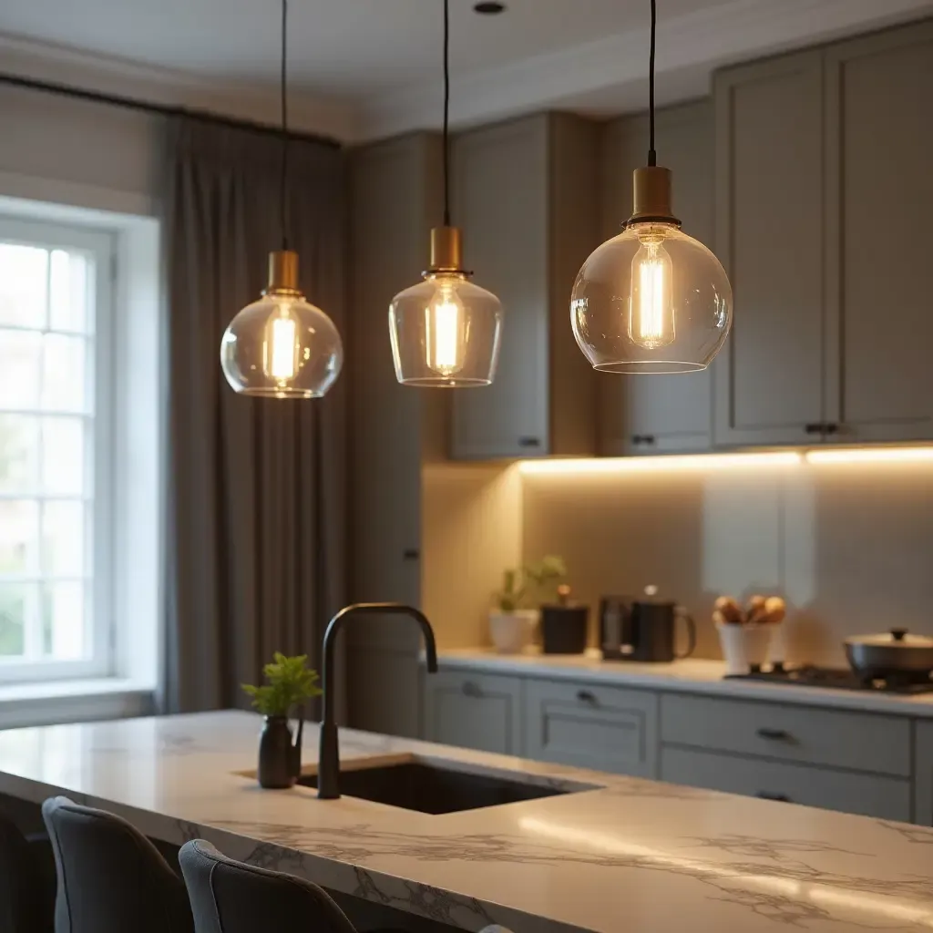 a photo of elegant glass pendant lights in a chic kitchen