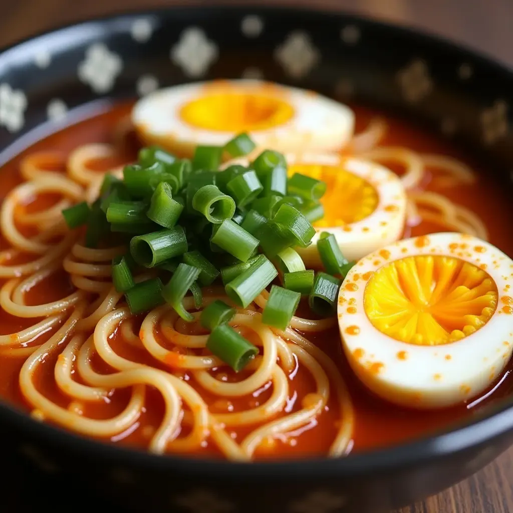 a photo of gochujang-spiked ramen noodles topped with soft-boiled eggs, nori, and scallions.