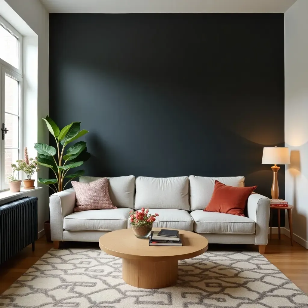 a photo of a playful living room featuring a chalkboard paint accent wall for creativity