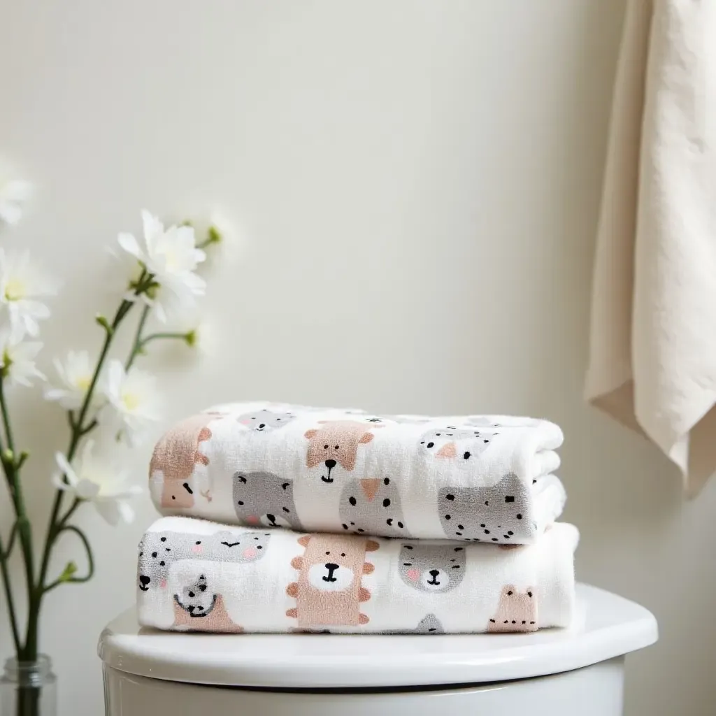 a photo of towels with animal prints in a playful bathroom