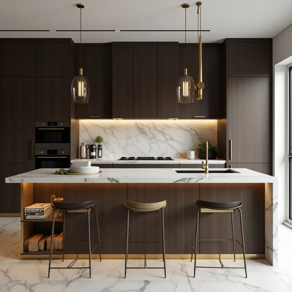 a photo of a luxurious kitchen featuring dark wood, white stone, and gold metal details