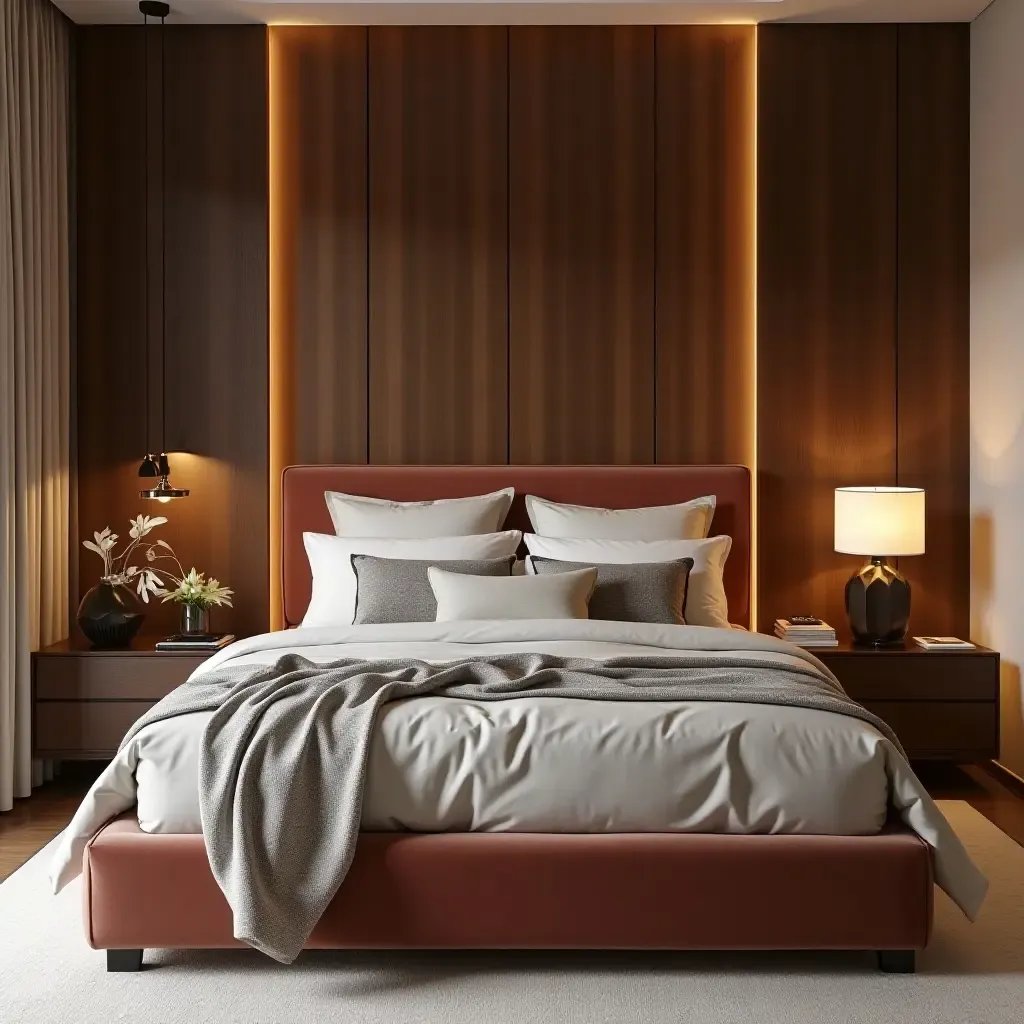 a photo of a contemporary bedroom featuring velvet bedding, wood paneling, and linen cushions