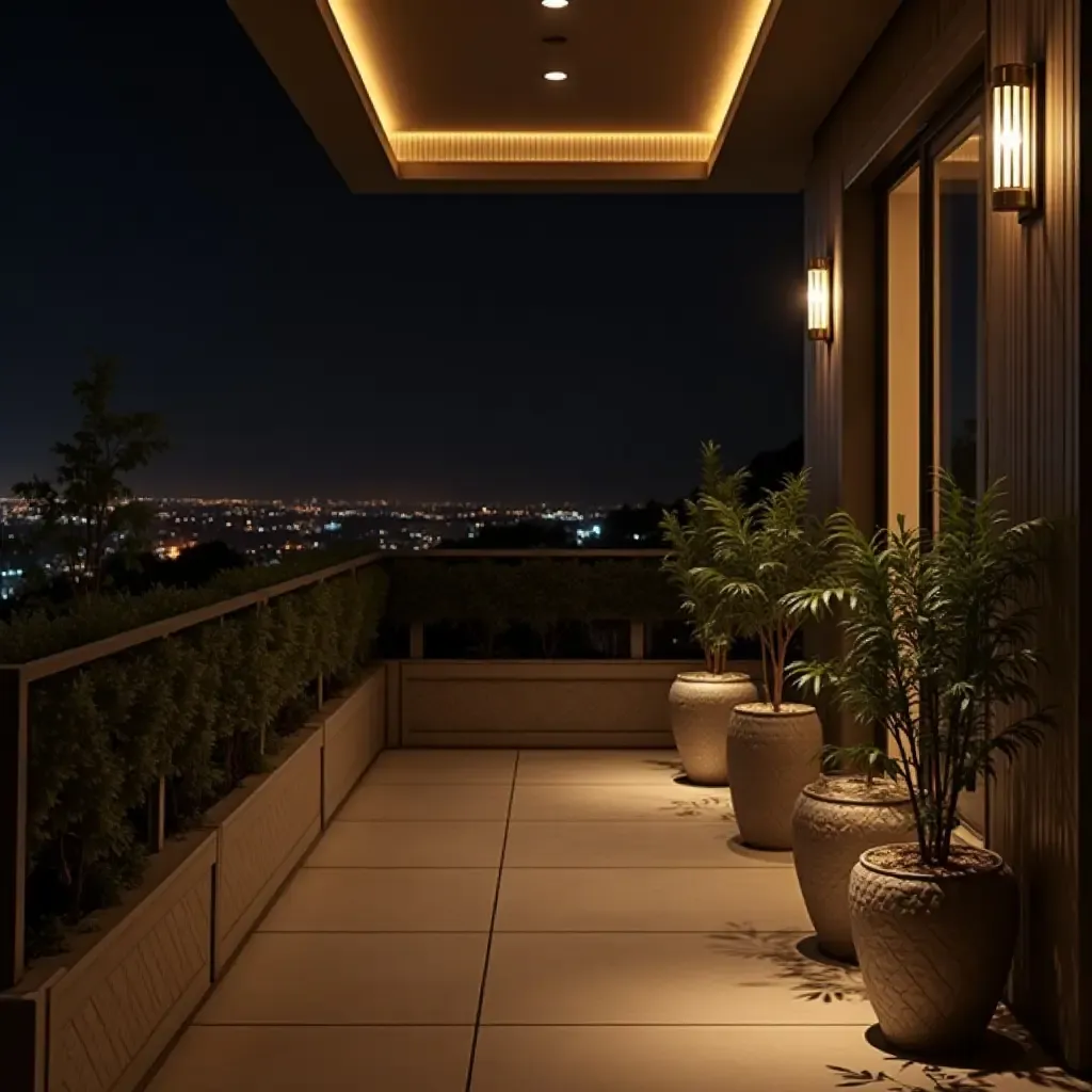 a photo of a balcony with metallic side tables and elegant lighting