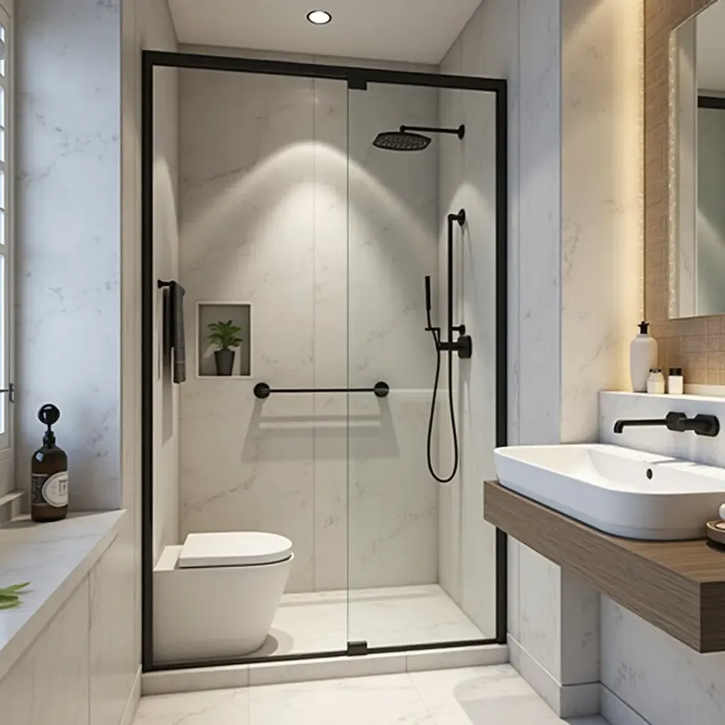 a photo of a small bathroom designed with a walk-in shower and modern fixtures