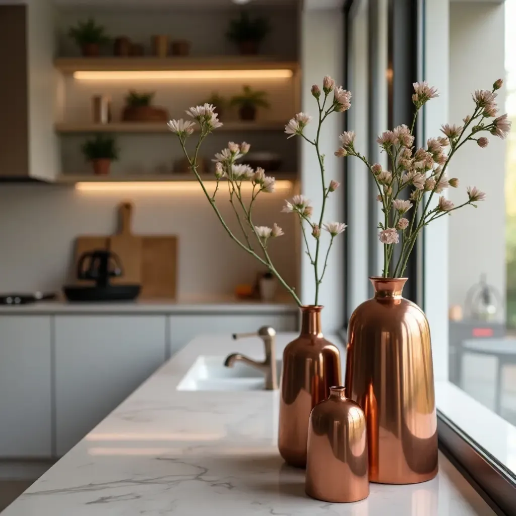 a photo of a sophisticated kitchen with copper vases