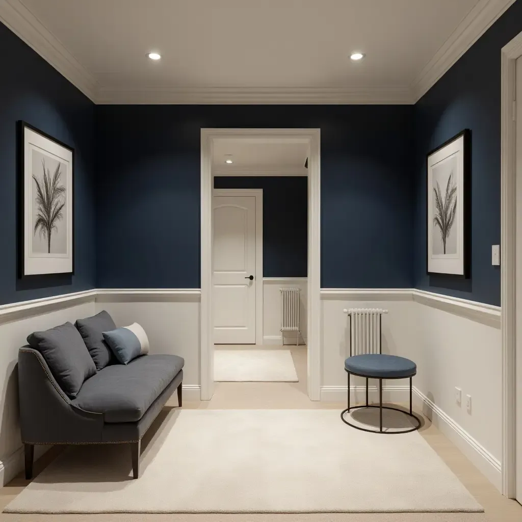 a photo of a basement with a classic look in navy blue and ivory