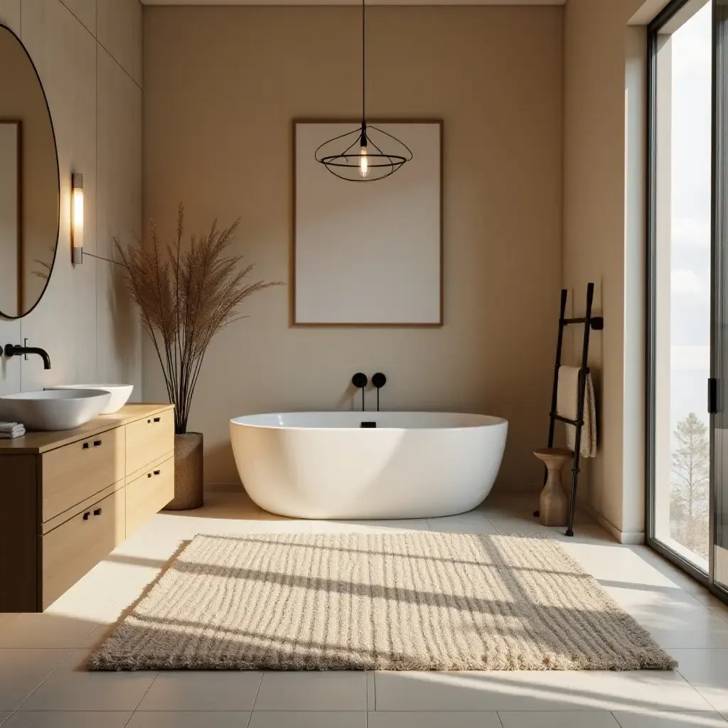 a photo of a textured wool rug in a warm bathroom