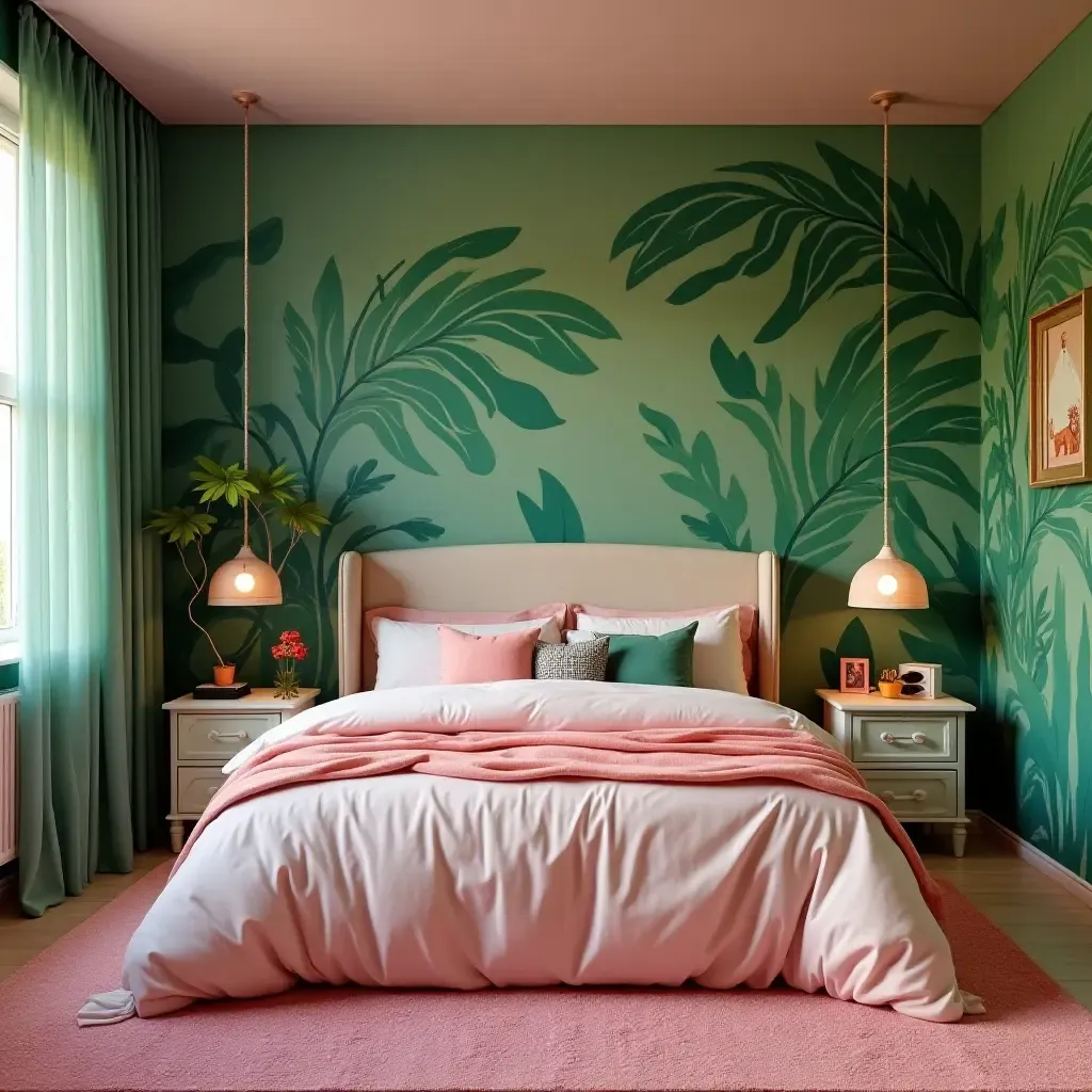 a photo of a vibrant green and pink jungle-themed bedroom