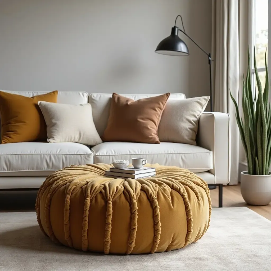 a photo of a stylish pouf adding texture to the space