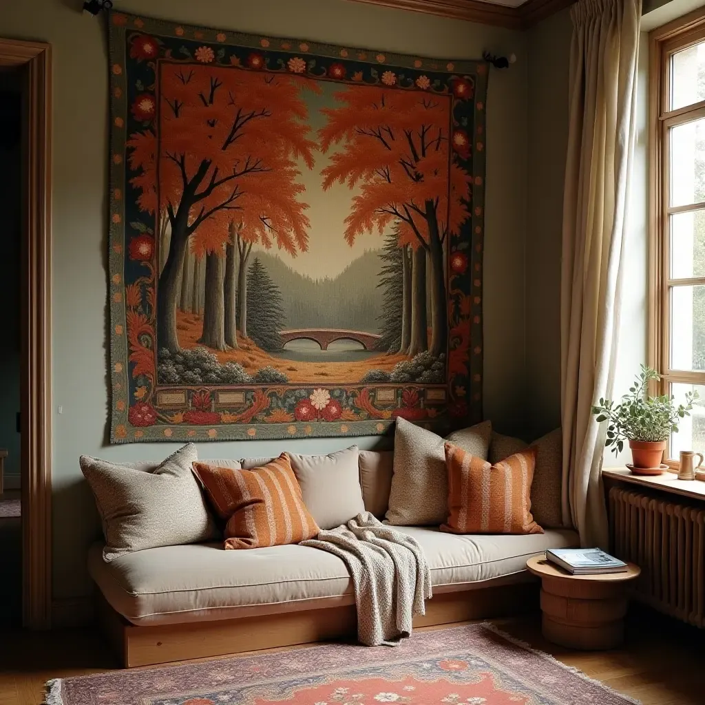 a photo of a cozy reading corner with a tapestry and soft cushions