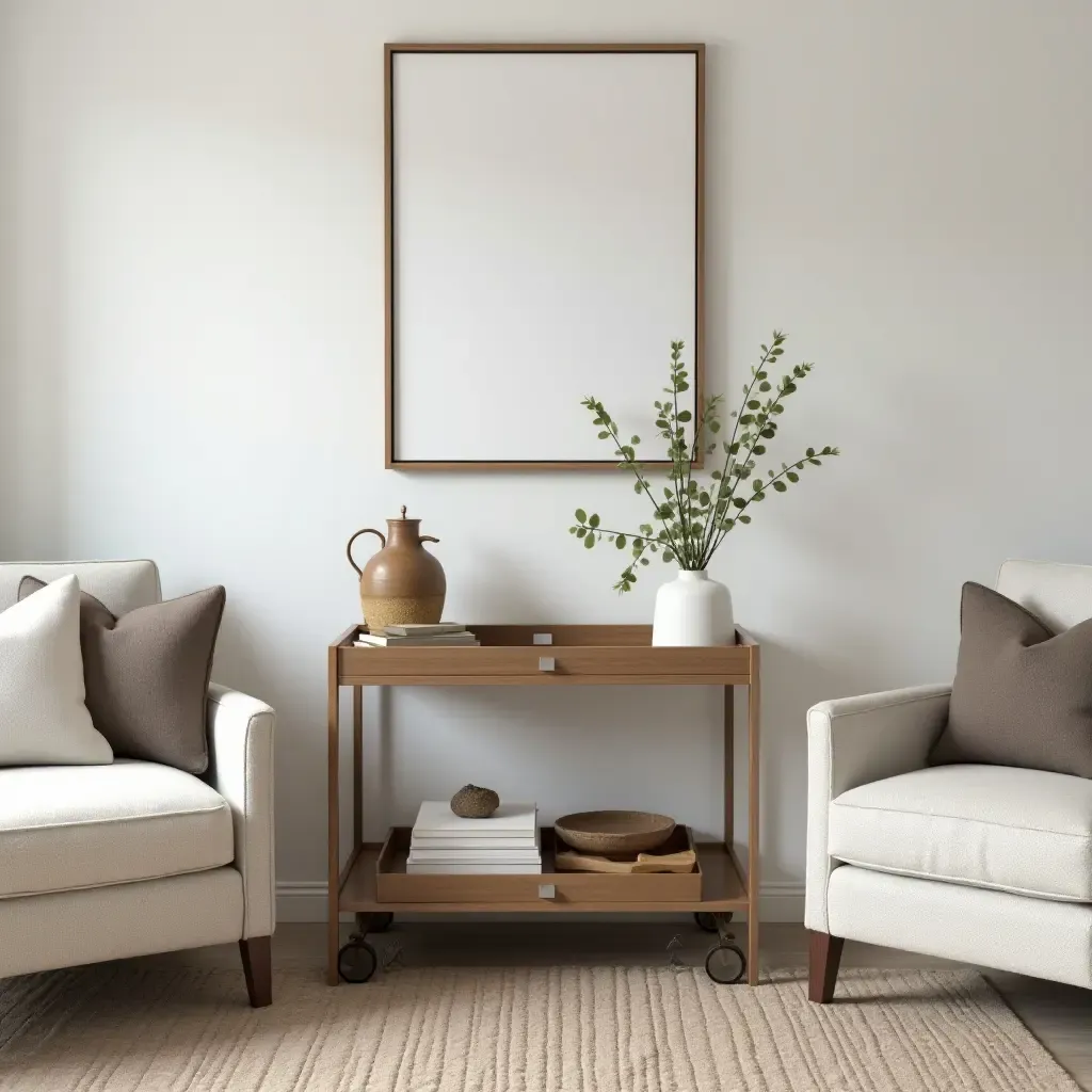 a photo of a small living room with a chic coffee cart and decorative trays