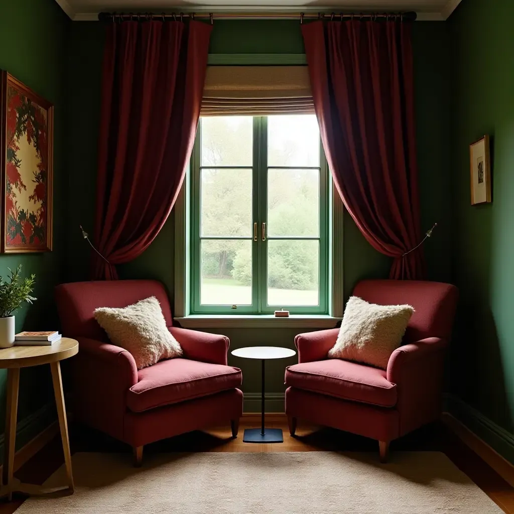 a photo of a cozy reading nook with green walls and burgundy curtains