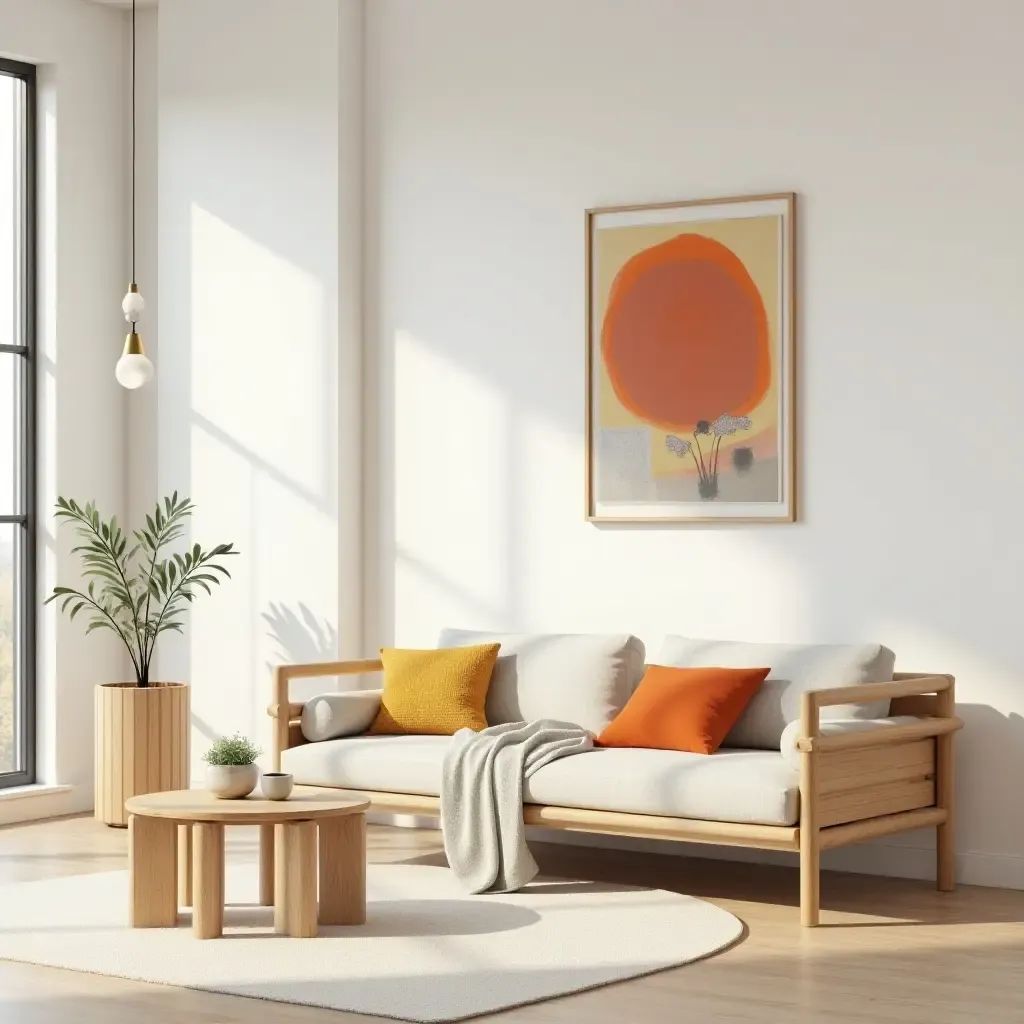 a photo of a bright space with light wood furniture and colorful art