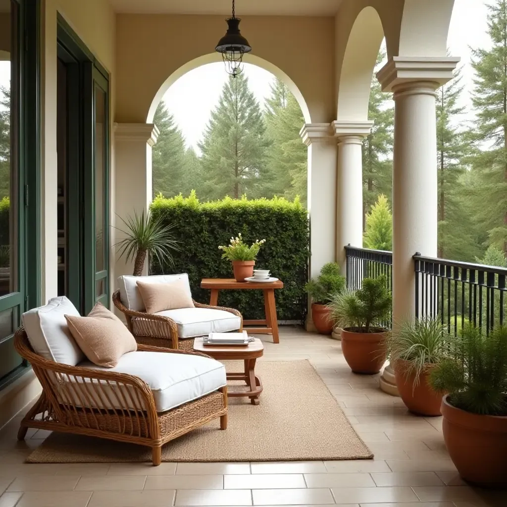 a photo of a Mediterranean-inspired balcony with wicker furniture and soft cushions