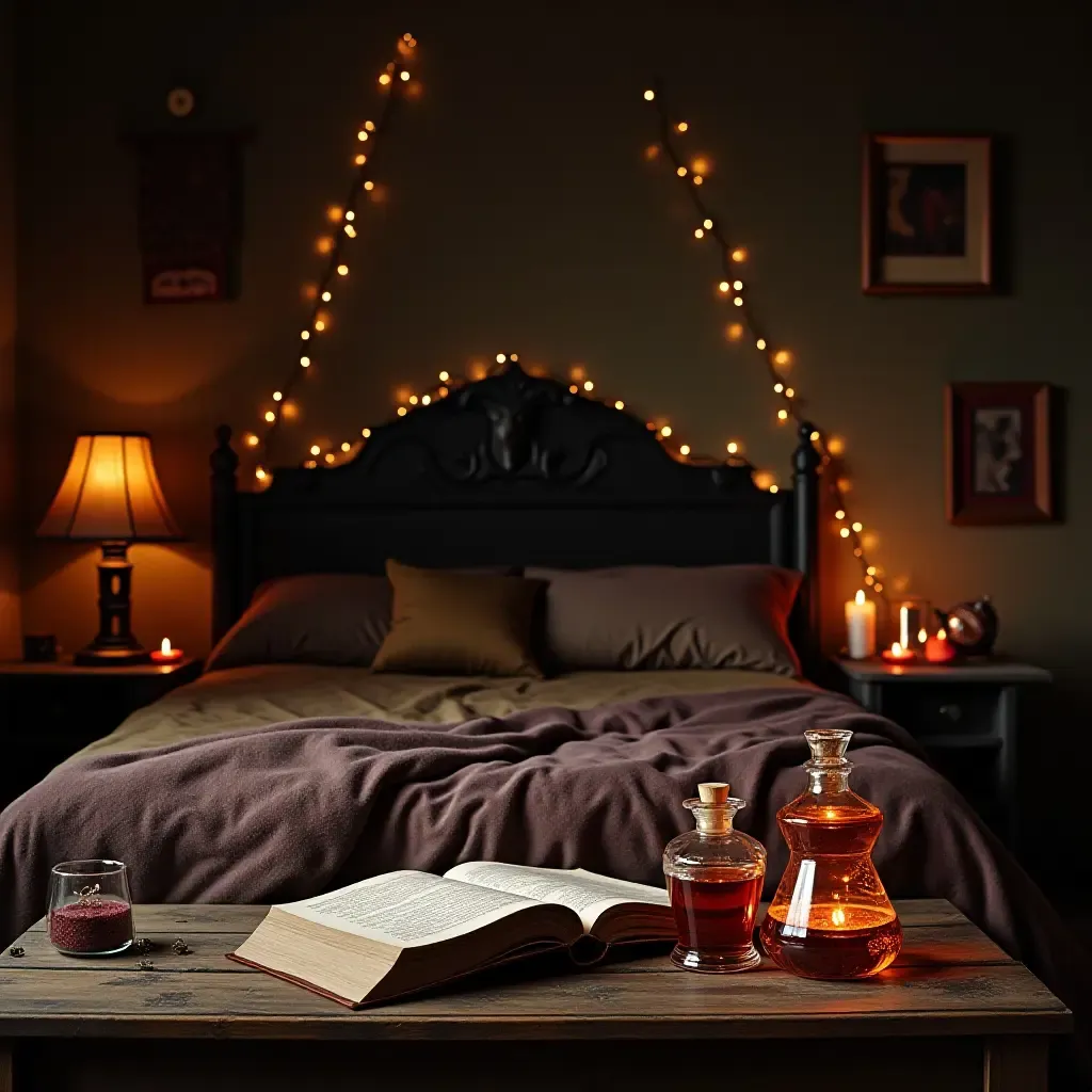 a photo of a magical wizard-themed bedroom with spell books and potions