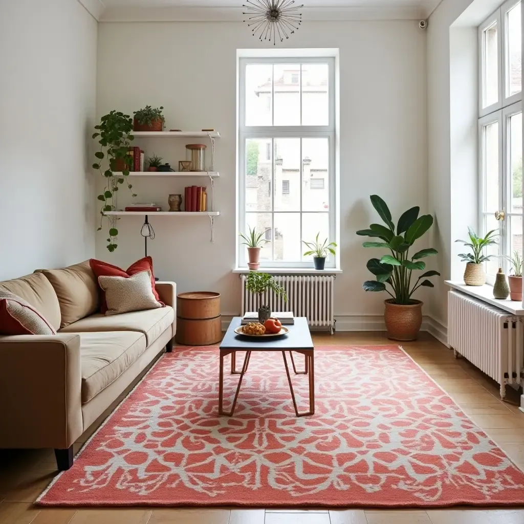 a photo of a bright patterned area rug in a modern living room