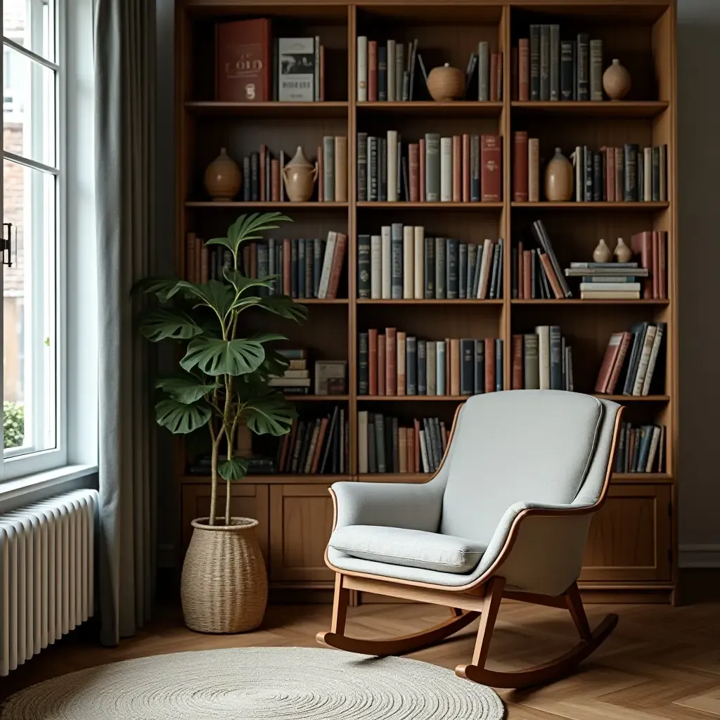 a photo of a library corner with a vintage rocking chair and modern bookshelf