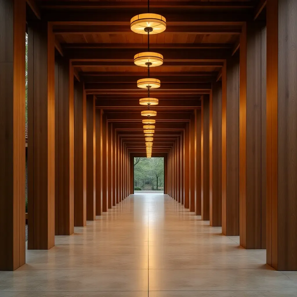 a photo of a corridor with wooden beams and hanging lights