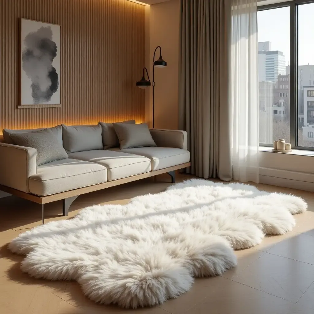 a photo of a plush area rug adding comfort to a glamorous retreat