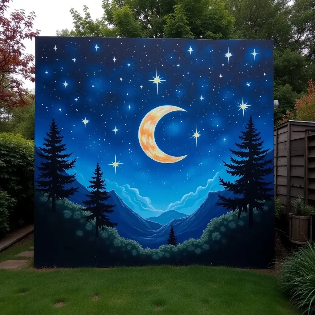 a photo of a celestial night sky mural in a garden